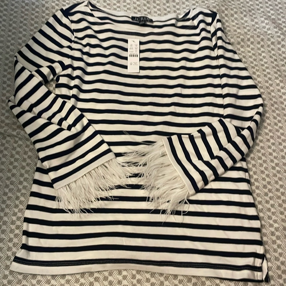 J Crew striped boatneck top with removable feathers at  wrist.  NWT size small.
